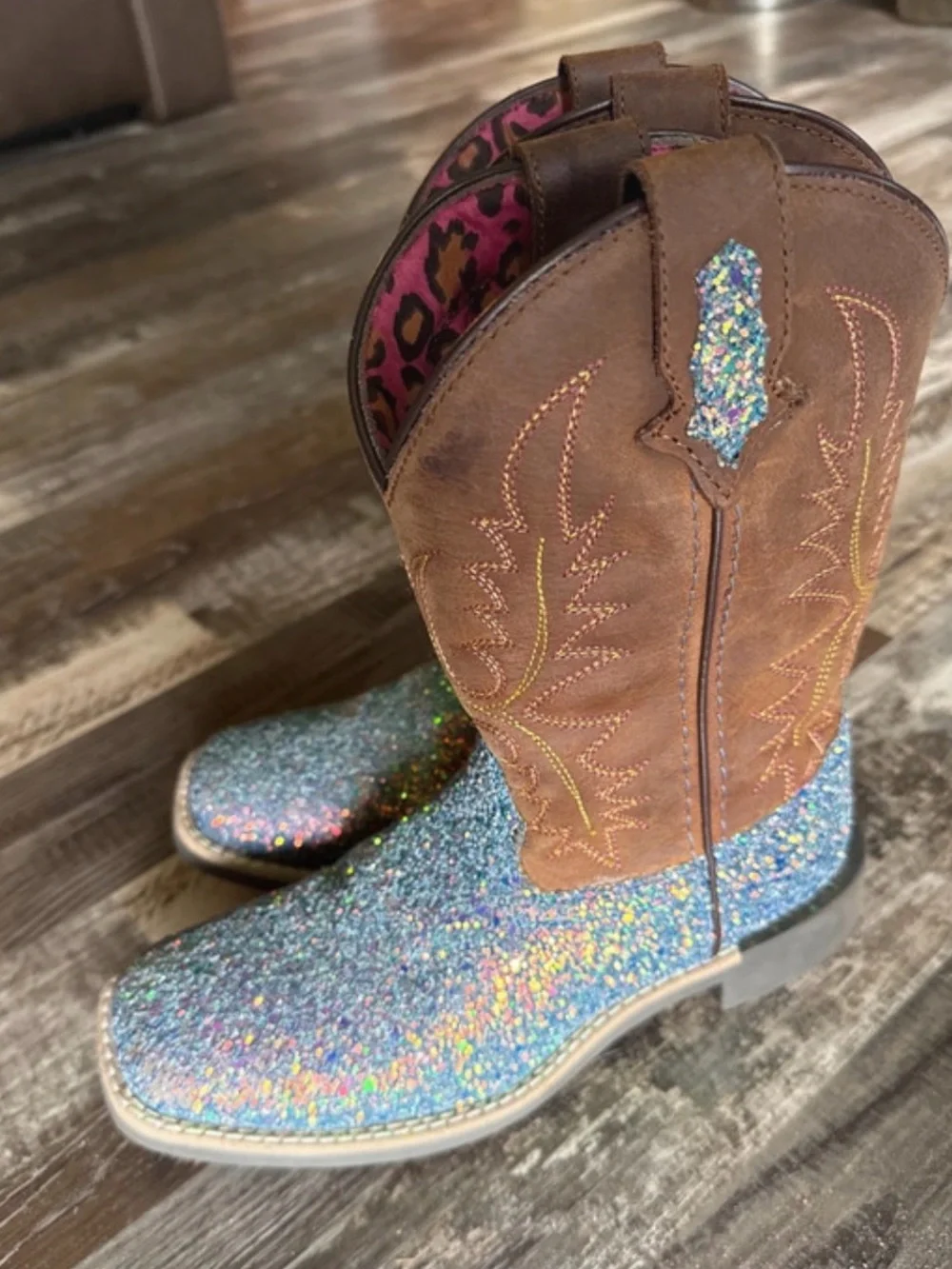 Kids Brown Western Boots with Iridescent Blue Glitter Toe
